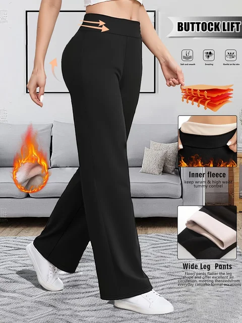 Warm Elegant High Waist Straight Leg Pants Soft Comfortable Fleece Lined Wide Leg Trousers Suitable For Casual And Formal Wear