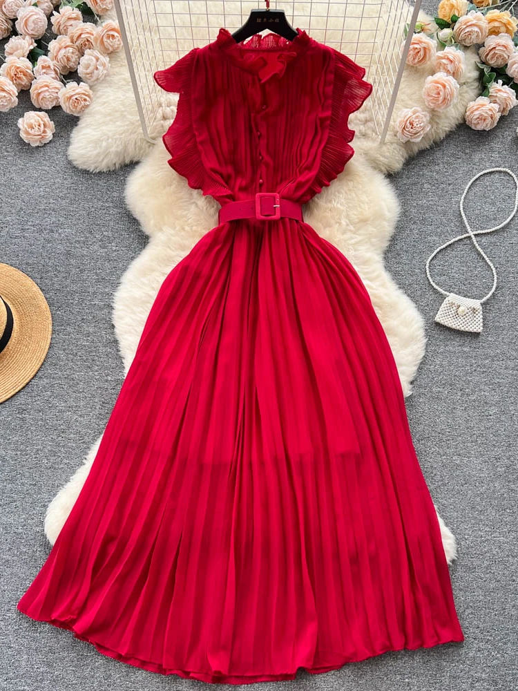 

Summer Chiffon Long Dress Women Summer with Belt High Waist A Line French Flying Sleeve Midi Dress Streetwear