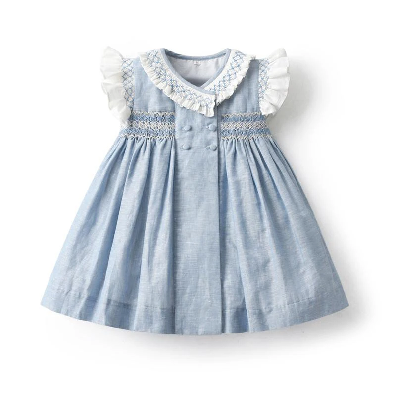 

2024 Kids Spanish Girls Hand Made Smocking Blue Dress With Ruffle Collar Sleeeve Baby Smocked Embrodiery Dresses