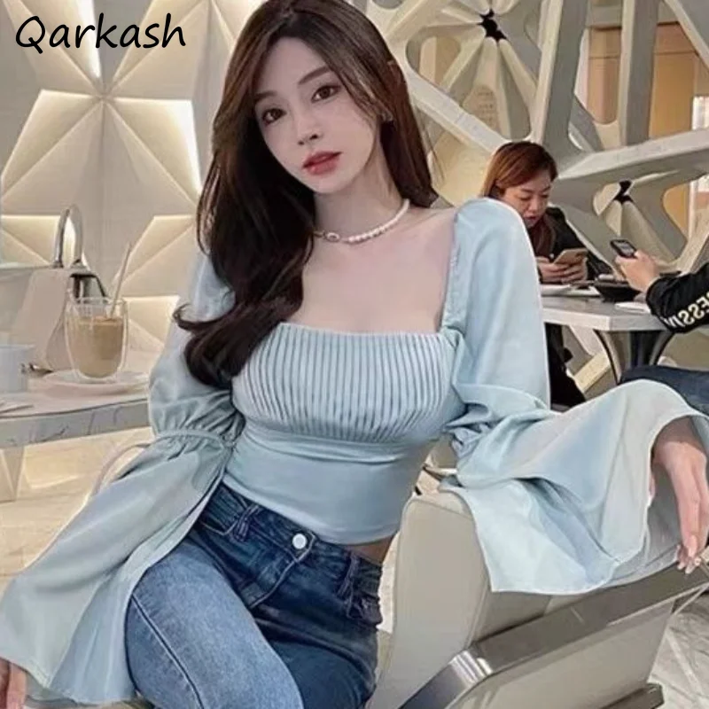 

Blouses Women Flare Sleeve Folds Design Crop Tops Slim Fit Hotsweet Girlish Korean Fashion Casual Style All-match Tender Chic