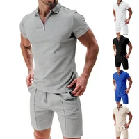 Loose Fit Short Sleeve Collared T-Shirt Set for Men Casual Summer Solid Color Flat Front Pants Two Piece Outfit from Mainland Ch