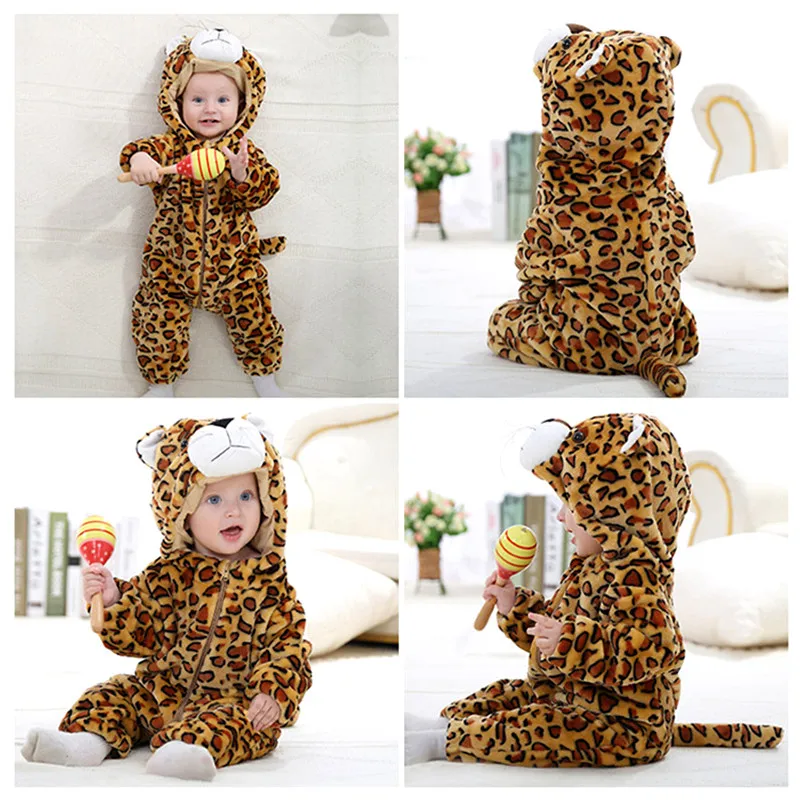 0-3Y Toddler Flannel Animal Costume Baby Newborn Lion Warm Bodysuit Children's Hooded Pajamas Cute Baby Cartoon Pattern Clothing