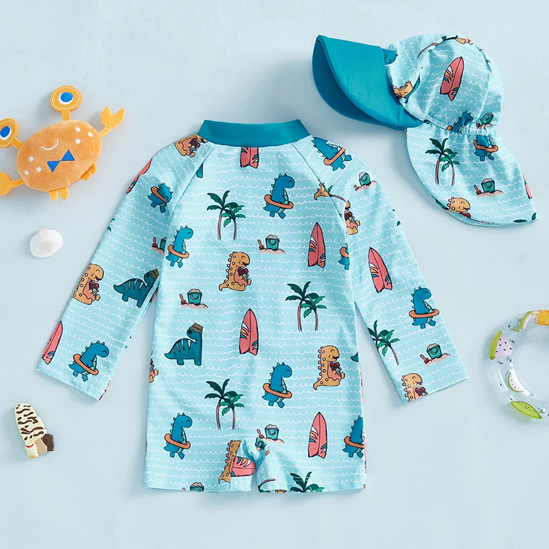 Citgeett Summer Kids Boy Swimsuits Cute Cartoon Print Long Sleeve Zipper Bathing Suit Sun Cap Clothes