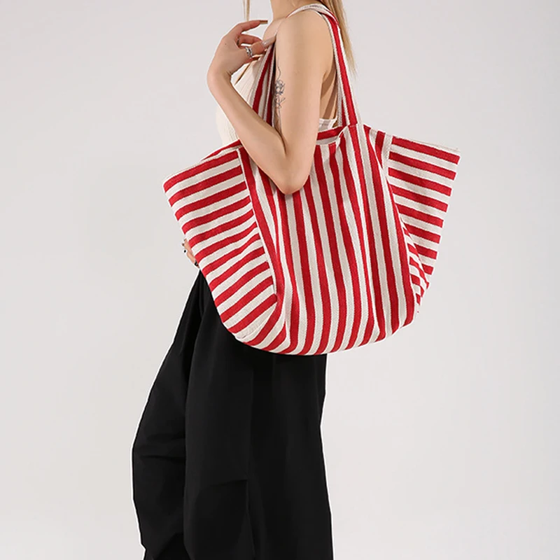 Simple Fresh Striped Shoulder Bag Korean Version Of Retro Literary Handbag Fashion Large Capacity Shopping Bag