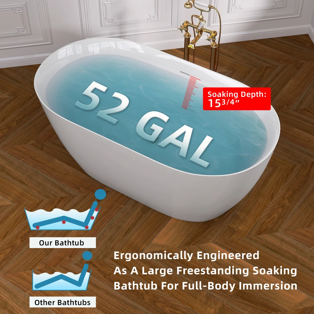 51 Inch Contemporary Acrylic Freestanding White Bathtub-Soaking with Overflow and Pop-up Drain, Glossy Finish