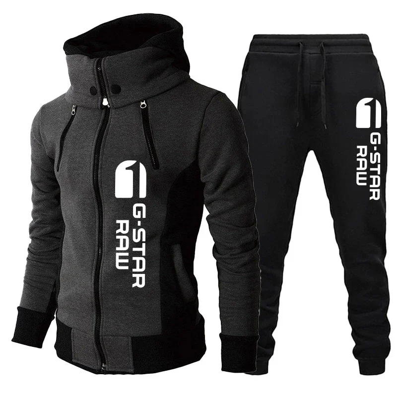 

Hot Sale Men's Fashion Luxury Brand Tracksuit Casual Jogging Outdoor Hooded Suits Vertical Zipper Jacket+Sweatpant Athletic Sets
