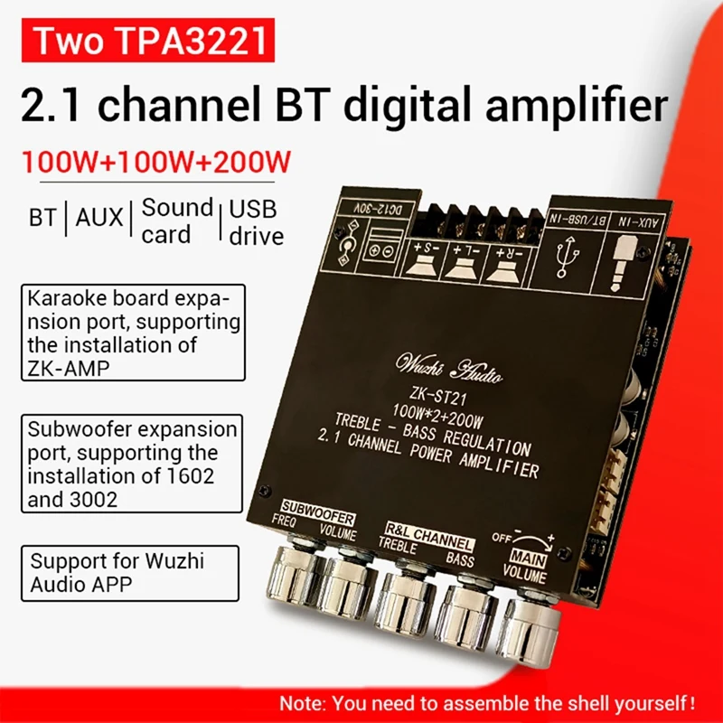 

ZK-ST21 Bluetooth Power Amplifier Board 2.1 Channel 2X100w+200W Subwoofer TPA3221 Digital Amplifier Module With Case Spare Parts