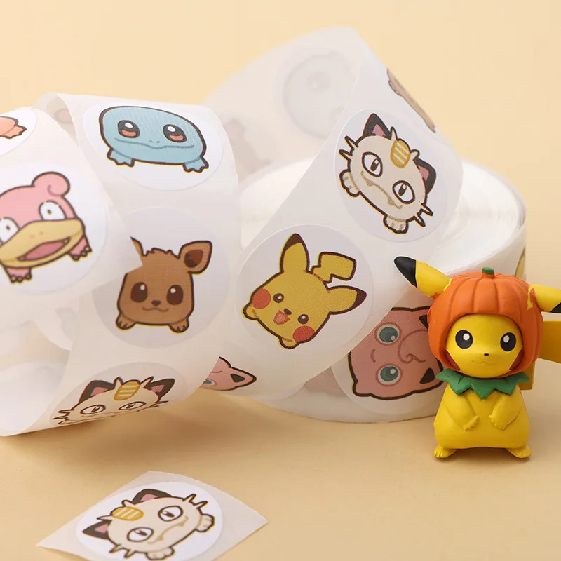 500PCS Anime Cute Pokemon Stickers Kawaii Pikachu Charizard Round Seal Stickers Rolls Stickers Graffiti Luggage Stickers Toys
