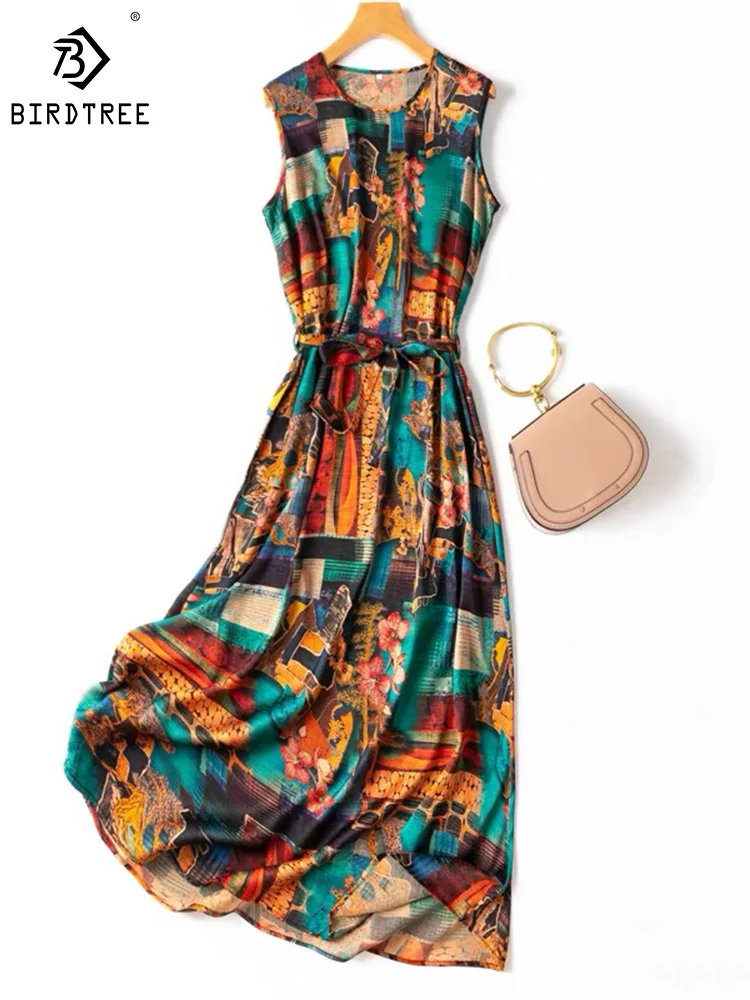 

Birdtree 20MM 92%Silk 8%Spandex Women Fashion Dress Classical Oil Painting Jacquard Sangbo Satin Extended Dress Summer D37553QM