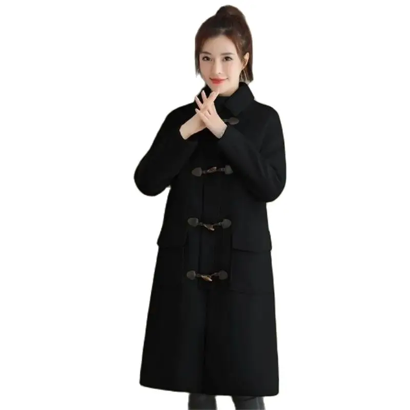 

Autumn Winter Mid-Long Woolen Windbreakers Women 2023 New Loose Horn Button Trench Coat Pure Colour Polo Collar Jacket Female