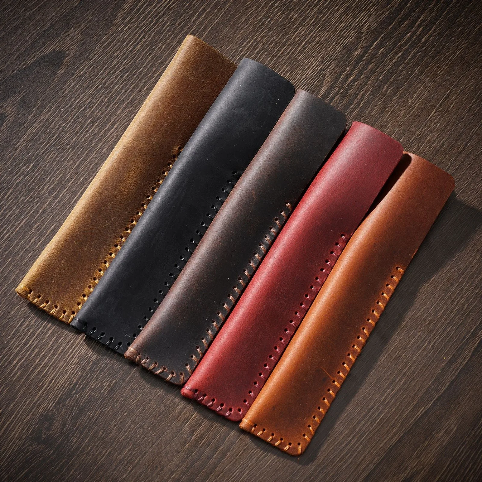 Handmade Genuine Leather Retro Cowhide Single Pencil Case Pen Holder Bag Pens Organizer Pouch Accessories for School Office 4