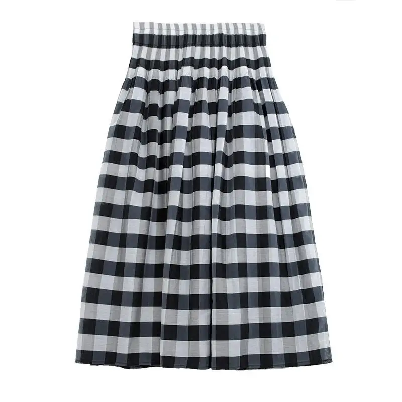 2022 Spring New High Waist Slim Contrast Color Plaid Skirt Korean Casual Simple Loose Women A-line Long Skirt Tide Free Shipping pencil skirt Skirts