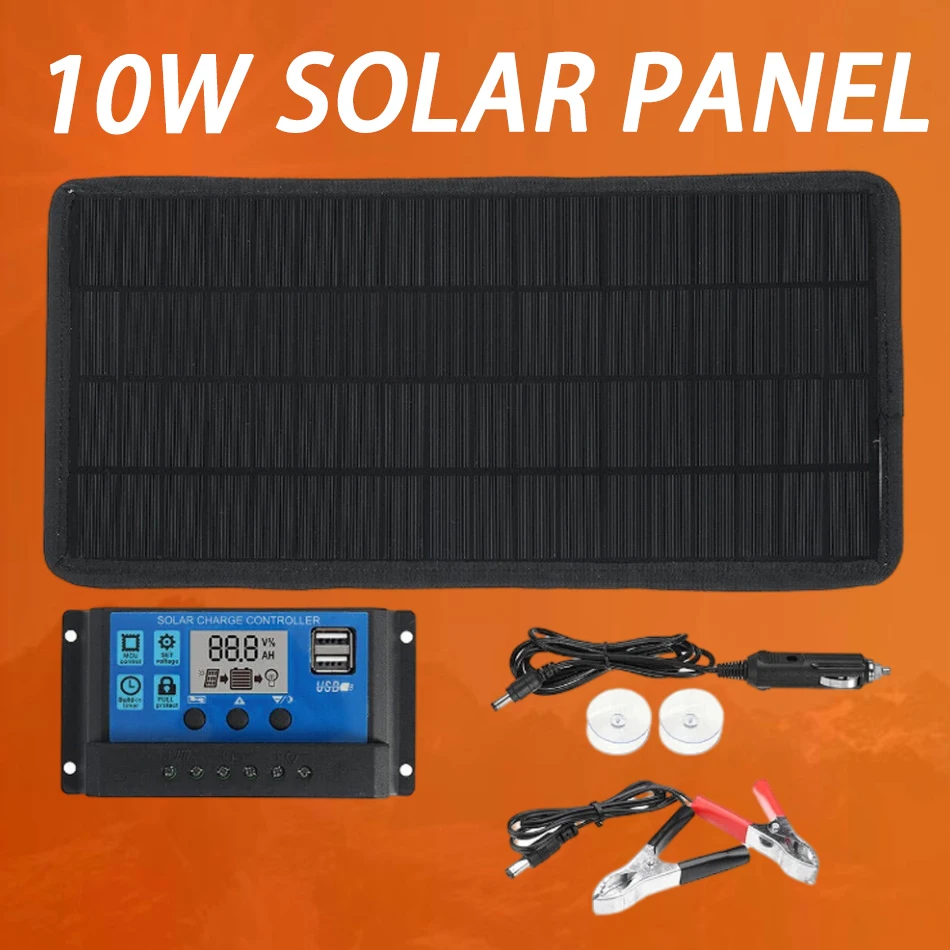 

10W Solar Panel Kit Polycrystalline 18V Battery Charger Controller20A 40A 100A Outdoor Camping for USB Cell Phone Car RV Solar