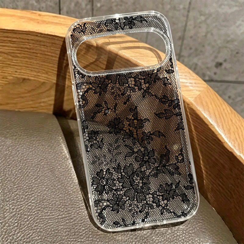 Luxury White Black Lace Floral Phone Case - Clear Cover