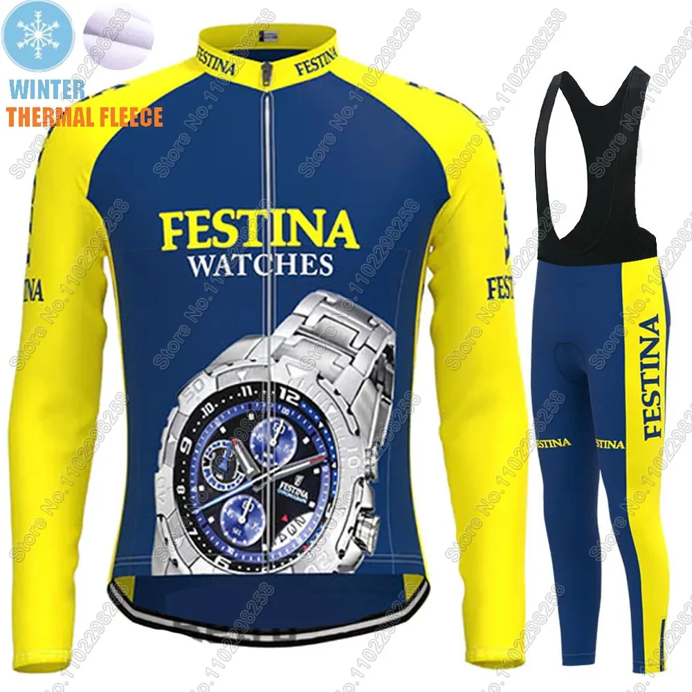 Winter Retro Cycling Jersey Set Spanish Watches Vintage Men Long Sleeve Clothing Suit MTB Bike Road Pants Bib
