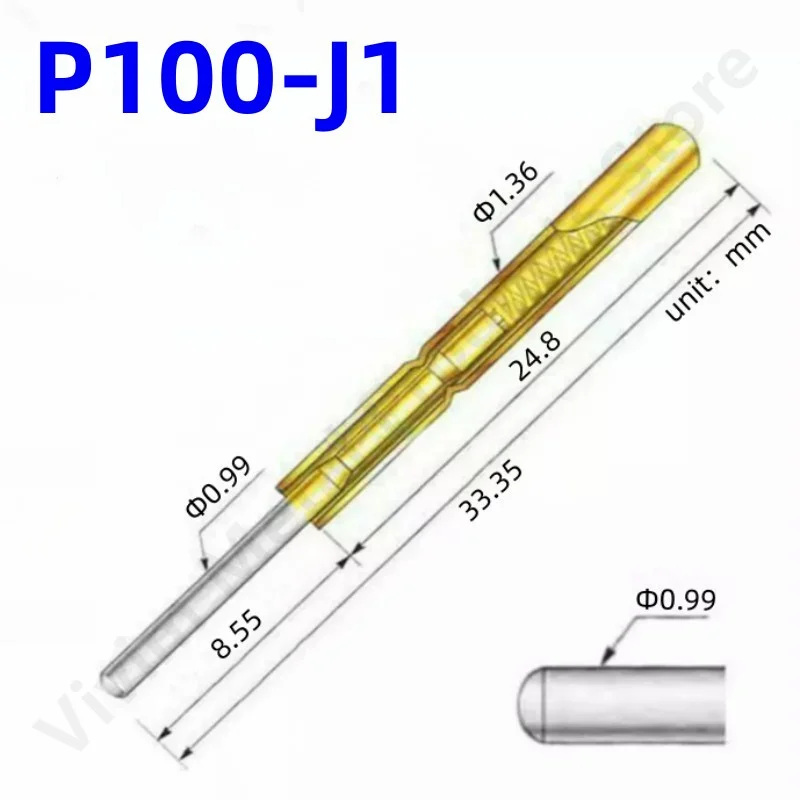 100PCS P100-J1 Small Round Head Spring Test Probe Pogo Pin P100-J Outer Dia 1.36mm Needle Length 33.35mm Circuit Board Test Pin