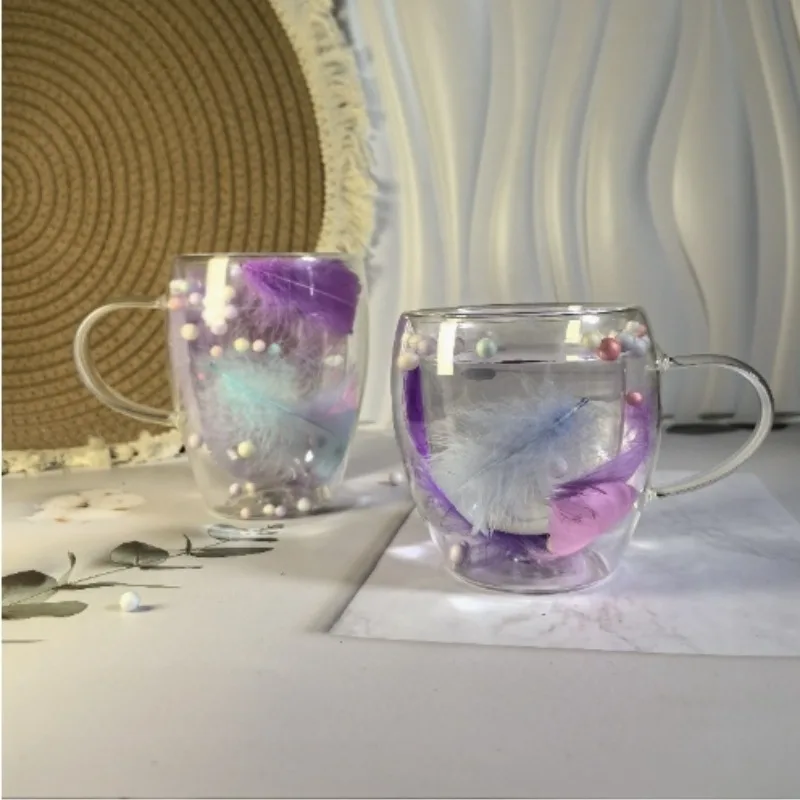 250/350ML Feather Design Double Layer Glass Cup with Handle Coffee Cup Heat Resistant