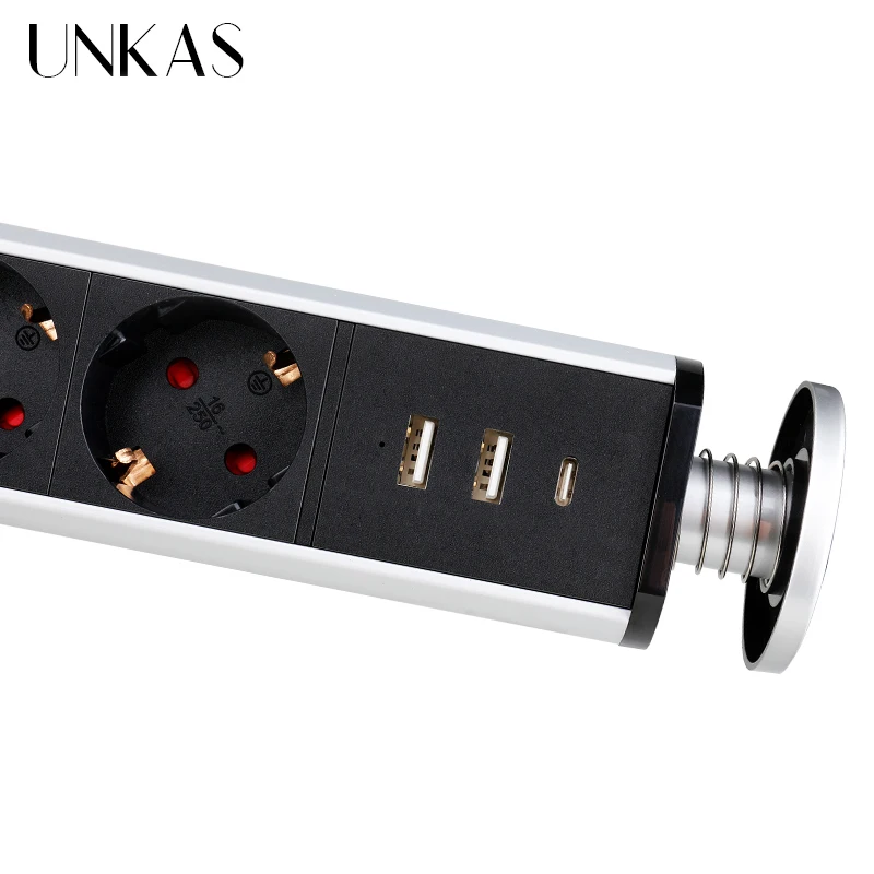 Sleek Retractable Dual USB & Power Socket for Kitchen and Desktop - Silver & Black