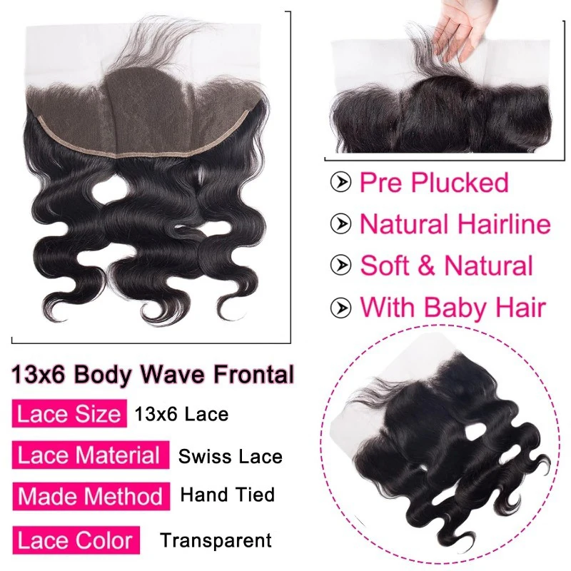13x6 Lace Frontal Body Wave Human Hair Brazilian Remy 100% Human Hair For Woman Transparent Lace Pre Plucked Hairline Baby