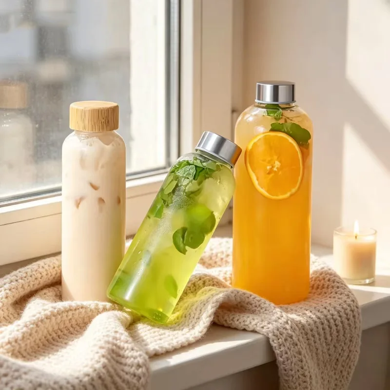 Eco-Friendly Borosilicate Glass Bottle with Bamboo Lid - Reusable, Leak-Proof, and Heat-Resistant for Travel and Beverage Storage