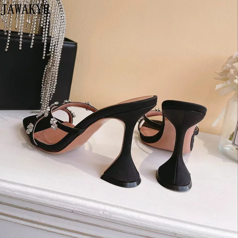 Sexy Cross Band Crystal  Flower Women Slippers Satin Square Toe Cup Heel Banquet Shoes Women Formal Dress Slides High Heels