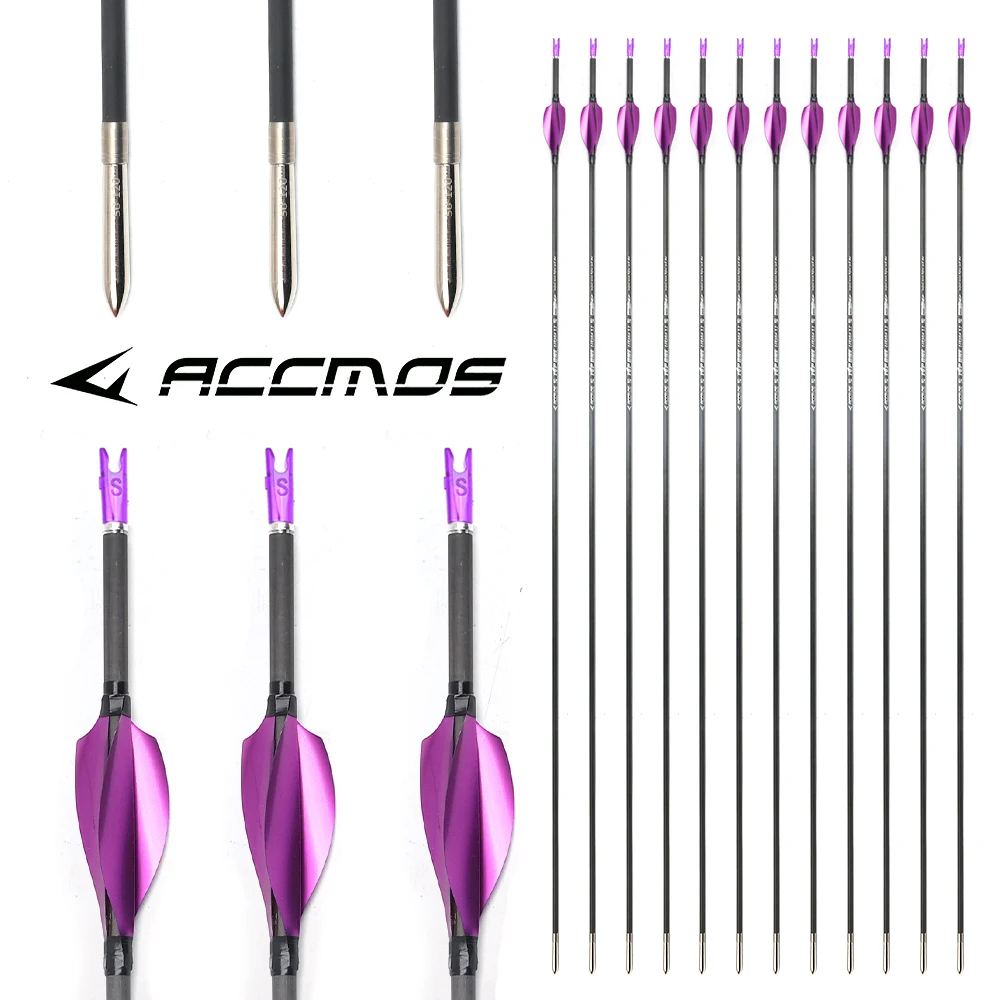 

12pcs/ ID3.2mm Carbon Arrow Sp350-1000 with 1.75" Metal Spin Purple Feathers Nock for Recurve/Compound Bow Hunting Shooting