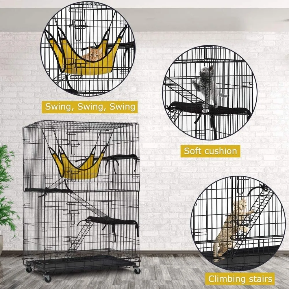 4-Tier 48 Inches Cage Crate Cat Kennel Cat Playpen with Free Hammock 3 Bed 2 Front Doors 3 Ramp Ladders Perching
