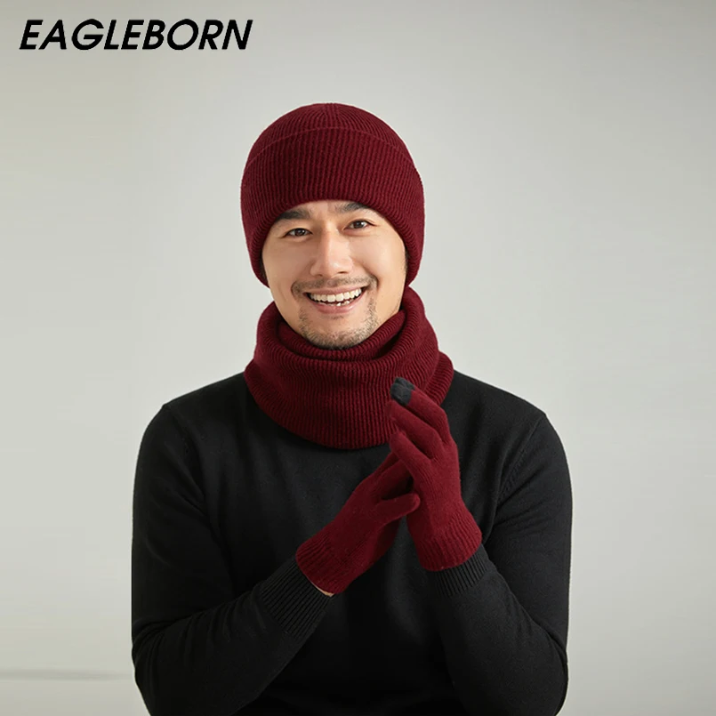 

New Winter Men Hat Scarf Gloves Three Sets of Knitted 100% Wool Thickening Set Hat Solid Scarf Set Men Women Knitted Hat Thread