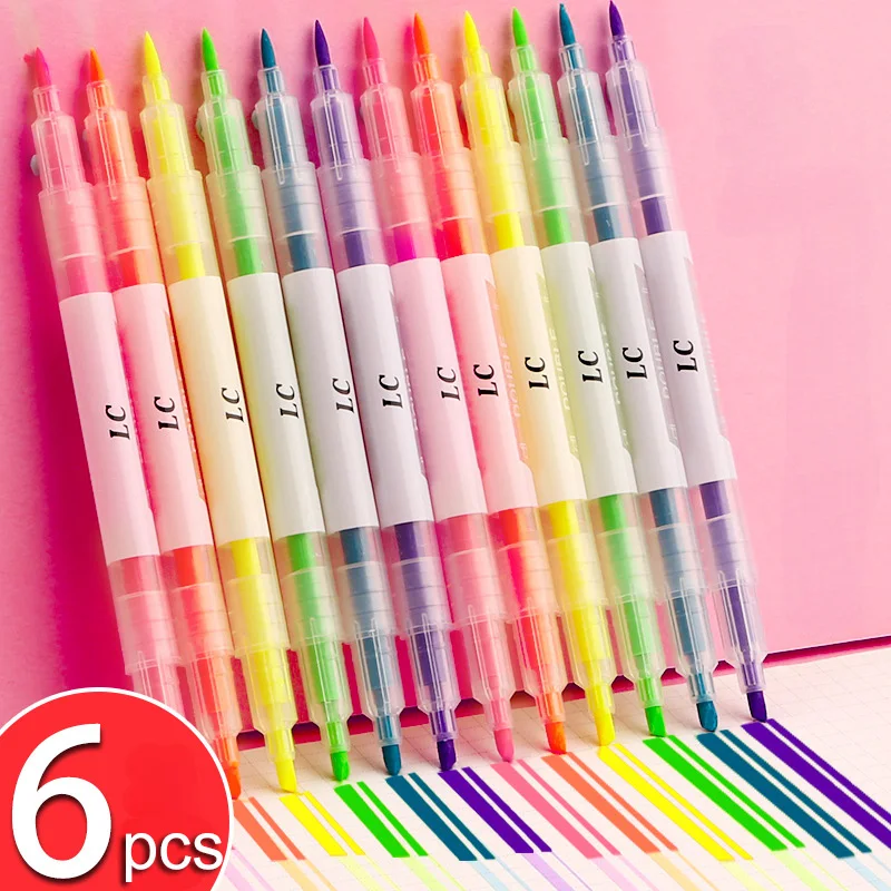 3/6pcs Double colored Highlighter Pen Marker Pens Fluorescent Pen Drawing Highlighters Double-headed Markers Pastel Stationery