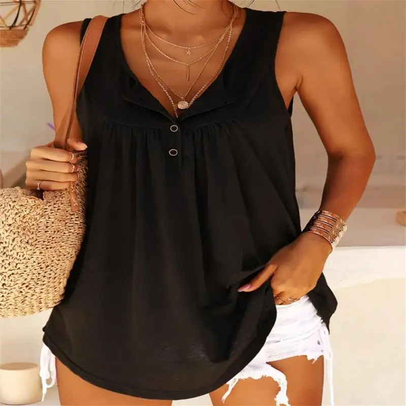 

Plus Size Women's Black Sleeveless V-Neck Buttons Top