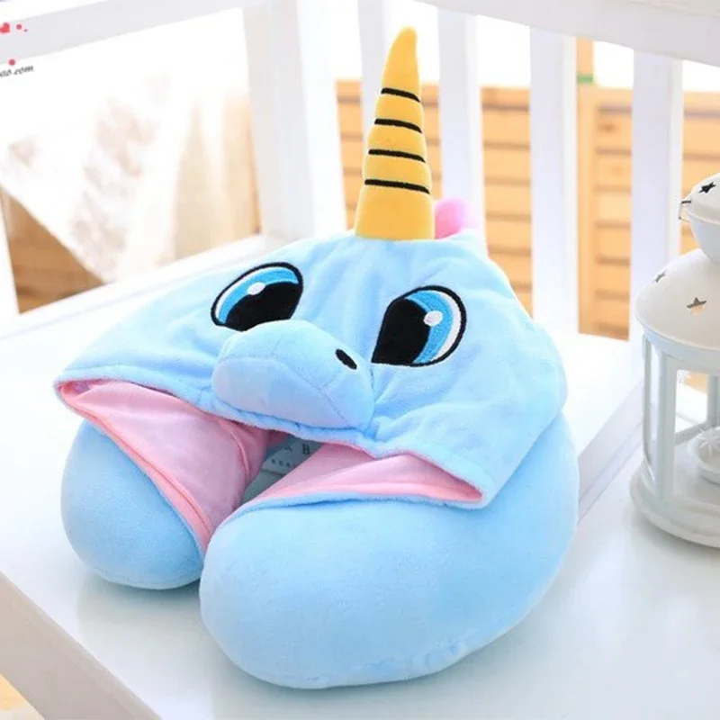 New U Shaped Neck Pillow for Airplane Travel Adults and Kids Travel Pillow Unicorn Cat Owl Pig Fox Memory Foam Hooded Pillows 5