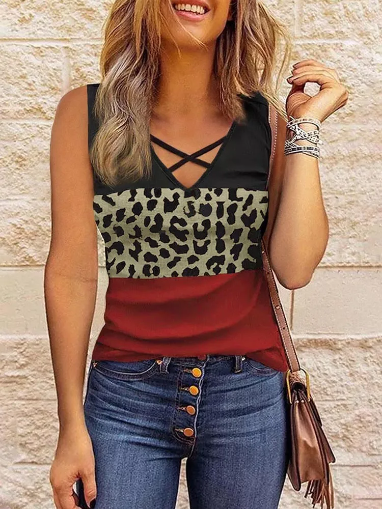 

Women Criss-Cross Tank Tops Color Block Leopard Splicing Sleeveless Shirts Summer Hollow Out V Neck Basic Tees Casual Cami Shirt