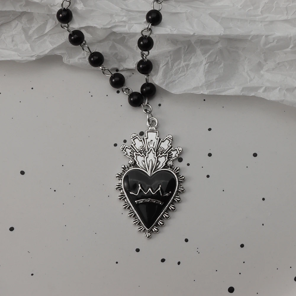 Gothic Bat & Cross Pendant Necklace Set with Black Bead Accents