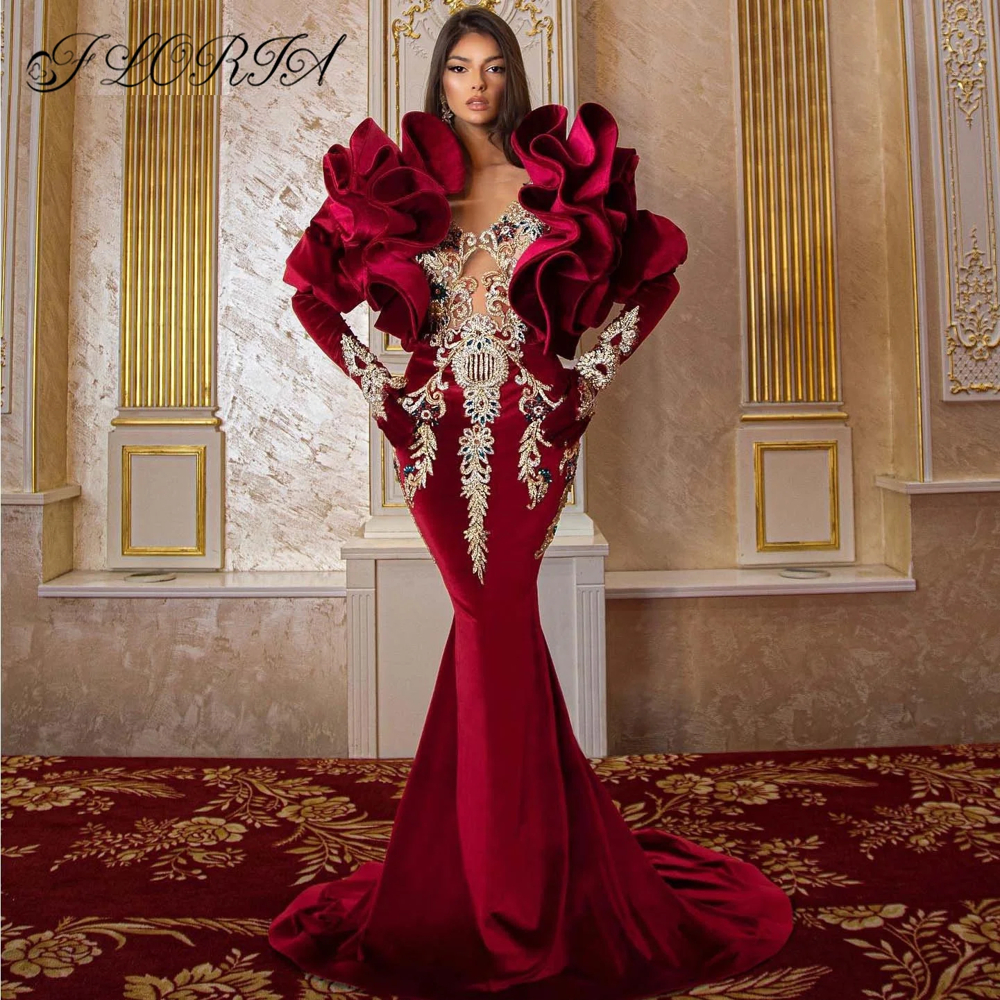 

Luxury Couture Velvet Mermaid Evening Dresses Crystal Beads Red Long Sleeves Dubai Eso Abi Women Party Prom Gown Vestidos Gala