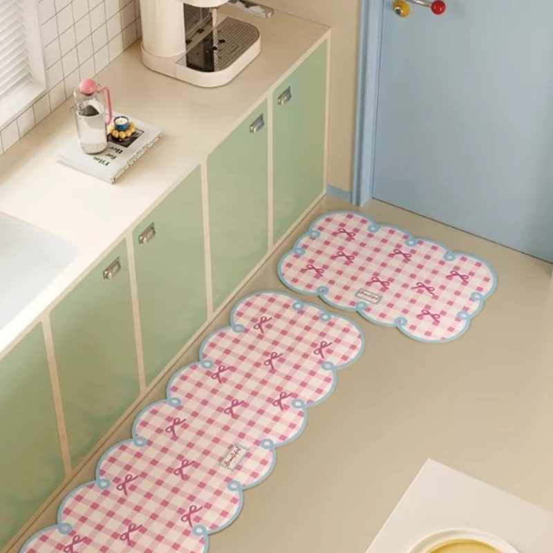 PVC Kitchen Floor Mat Bow Knot Wavy Edge Oil-proof Waterproof Bathroom Carpet Non-slip Soft Comfortable Foot Feel Balcony Rug 러그