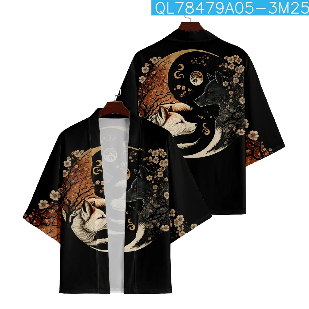 Summer Loose Japanese Fashion Wolf Print Kimono Streetwear Cardigan Robe Women Men Haori Top Yukata Plus Size 4XL 5XL