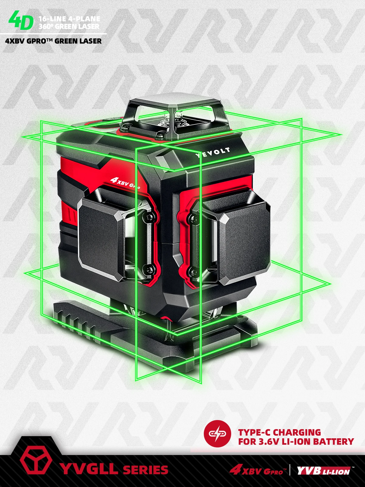 YEVOLT YVGLL4XS16 Seires 4-Plane Green Laser Level 4D 16 Lines Remote Control Self-Leveling Machine Horizontal & Vertical Tools laser level