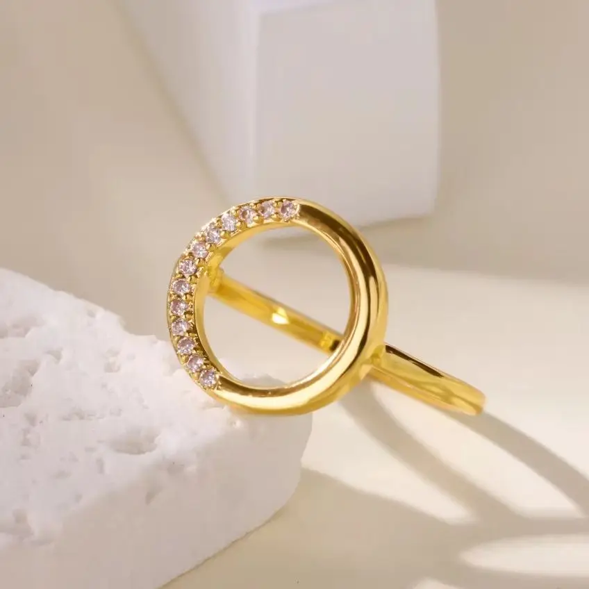 Zircon Geometric Round Ring 18K Gold Plated Stainless Steel Luxury