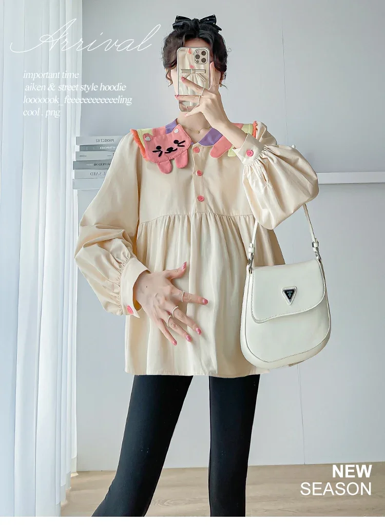 

2024 Autumn Pregnant Woman Shirts Sweet Peter Pan Collar Plus Size Maternity Cotton Blouses Fashion Pregnancy Clothes Loose Top