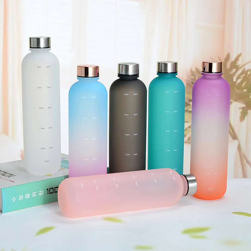 

New 1L Plastic Space Transparent Frosted Motivational Reusable Cup Copper Lid Water Bottle With Time Marker 1000ML