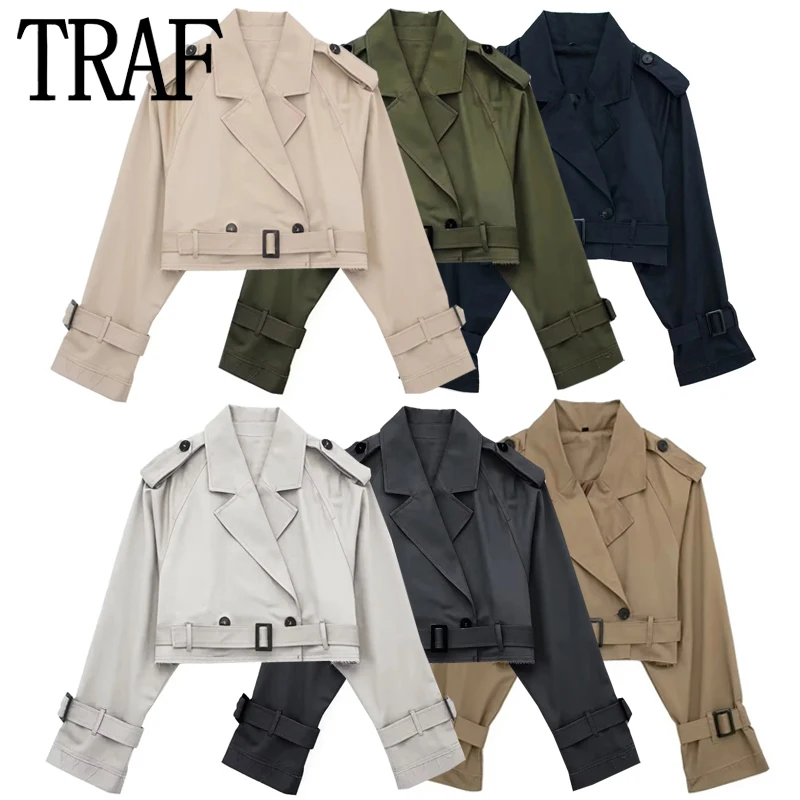 TRAF 2023 Woman Trench Coat Autumn Cropped Trench Coat For Women Long Sleeve Short Elegant Coats Women's Fashion Windbreakers