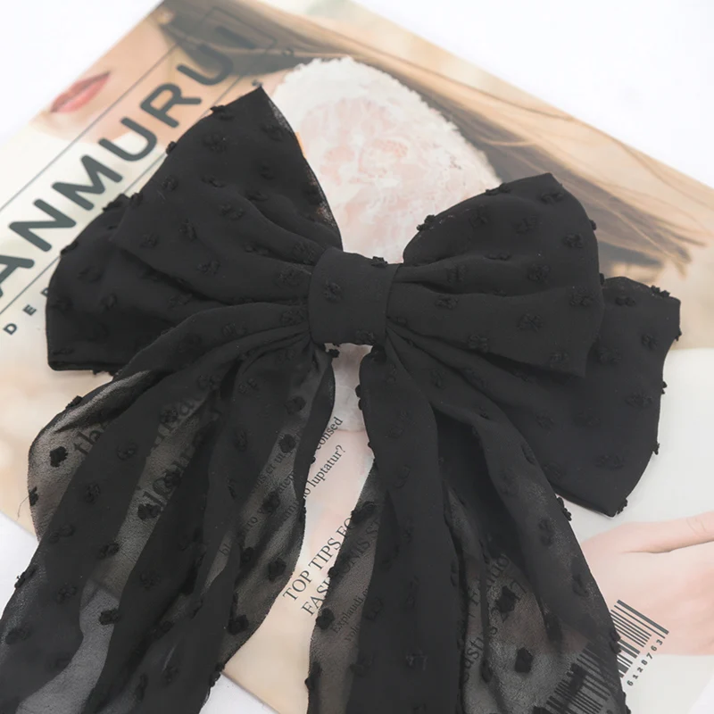 New Black Chiffon Bow Hair Clip Women Large Bowknot Stain Hairpin Barrettes Girls Ponytail Clip Hair Accessories Headwear Gift