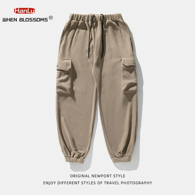 Fleece Pants For Men\'s Autumn Winter 2023 New Large Pocket Design Trousers Joggers Trendy Brand Loose Sports Casual Cargo Pants