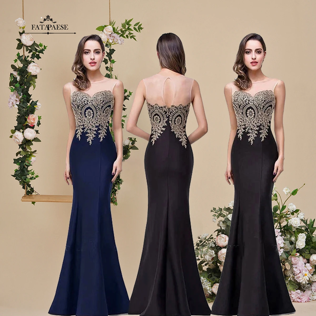 

FATAPAESE Gergous Vestidos Gold Applique Mermaid Cocktail Dresses Long Formal Prom Evening Party Dress robe demoiselle d'honneur