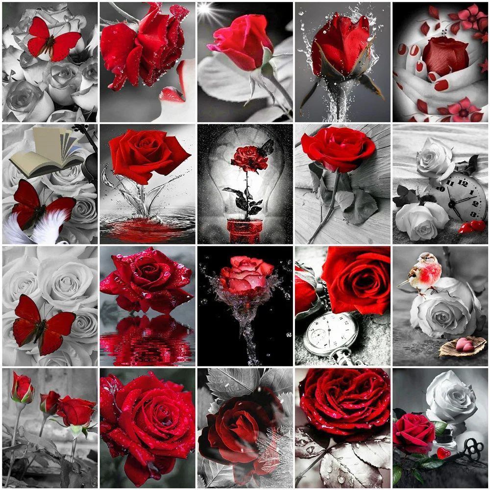 EverShine DIY Diamond Mosaic Flowers Cross Stitch Diamond Embroidery Rose Rhinestones Art Painting Black And Red Home Decor