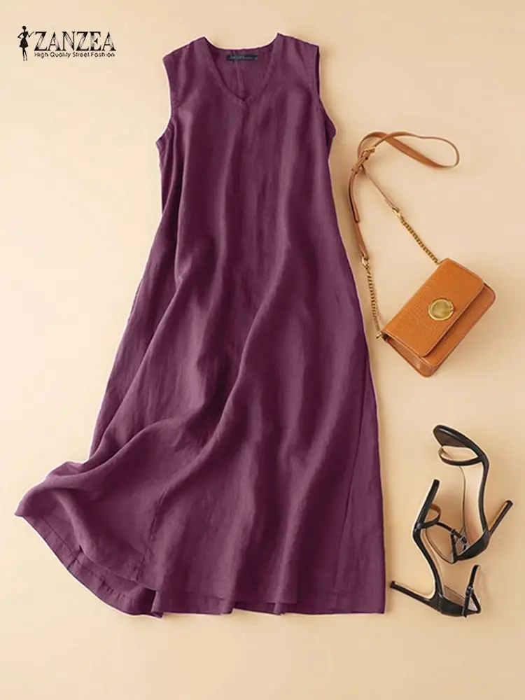 ZANZEA 2025 Sommer Ärmelloses Kleid Frau Mode V Neck Solide Sommerkleid Beiläufige Lose Party Vestidos De Mujer Vintage Rob_voghion.com