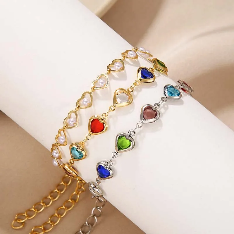 Vintage Colorful Crystal Heart Chain Bracelet for Women