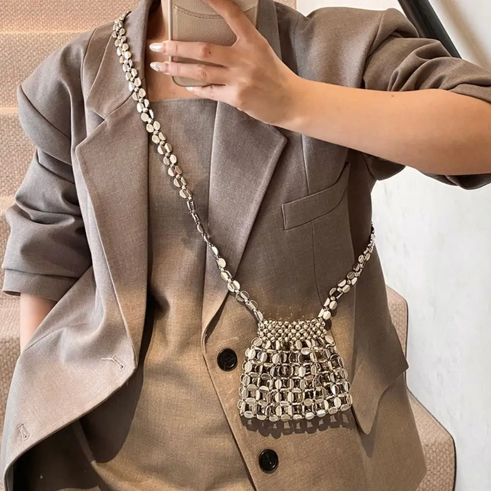 Elegante Borsa da Sera con Paillettes, Mini Borsa Sottospalla, Borsa a Tracolla Intrecciata con Perline, Borsetta Piccola Raffinata, Borsa Argento Lucida per Feste