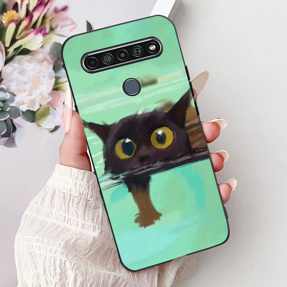 Elegant Floral Cat Printed Black Silicone Phone Case