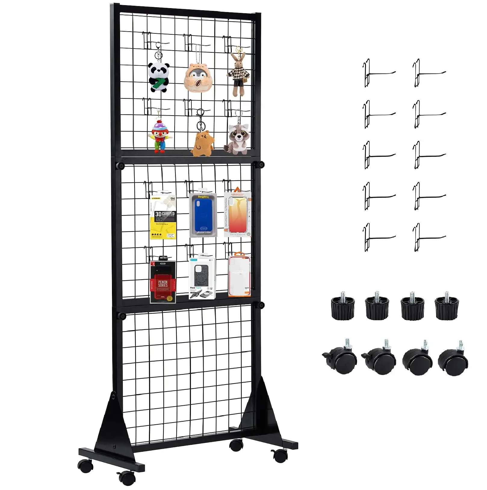 3 Layers Grid Wall Panels with Stand 5.25' x 2' Heavy Movable Wire GridWall Panel Tower with T-Base Floorstanding on Wheels wall mounted organizer